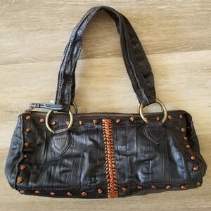 Steve Madden Black Genuine Leather Embroidered Hand Bag Shoulder Bag